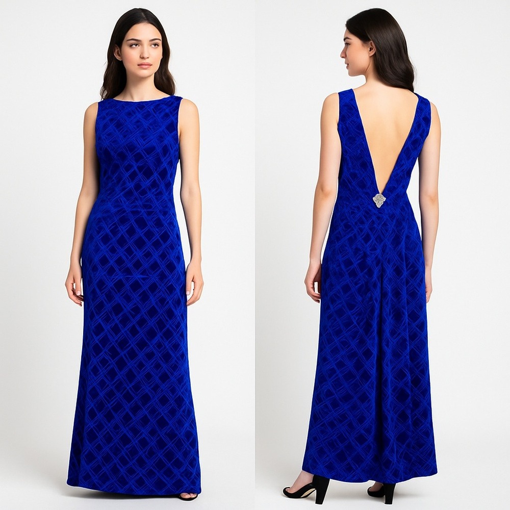 Scott McClintock Dress Women New Velvet Satin Formal Blue Pattern Maxi Open Back